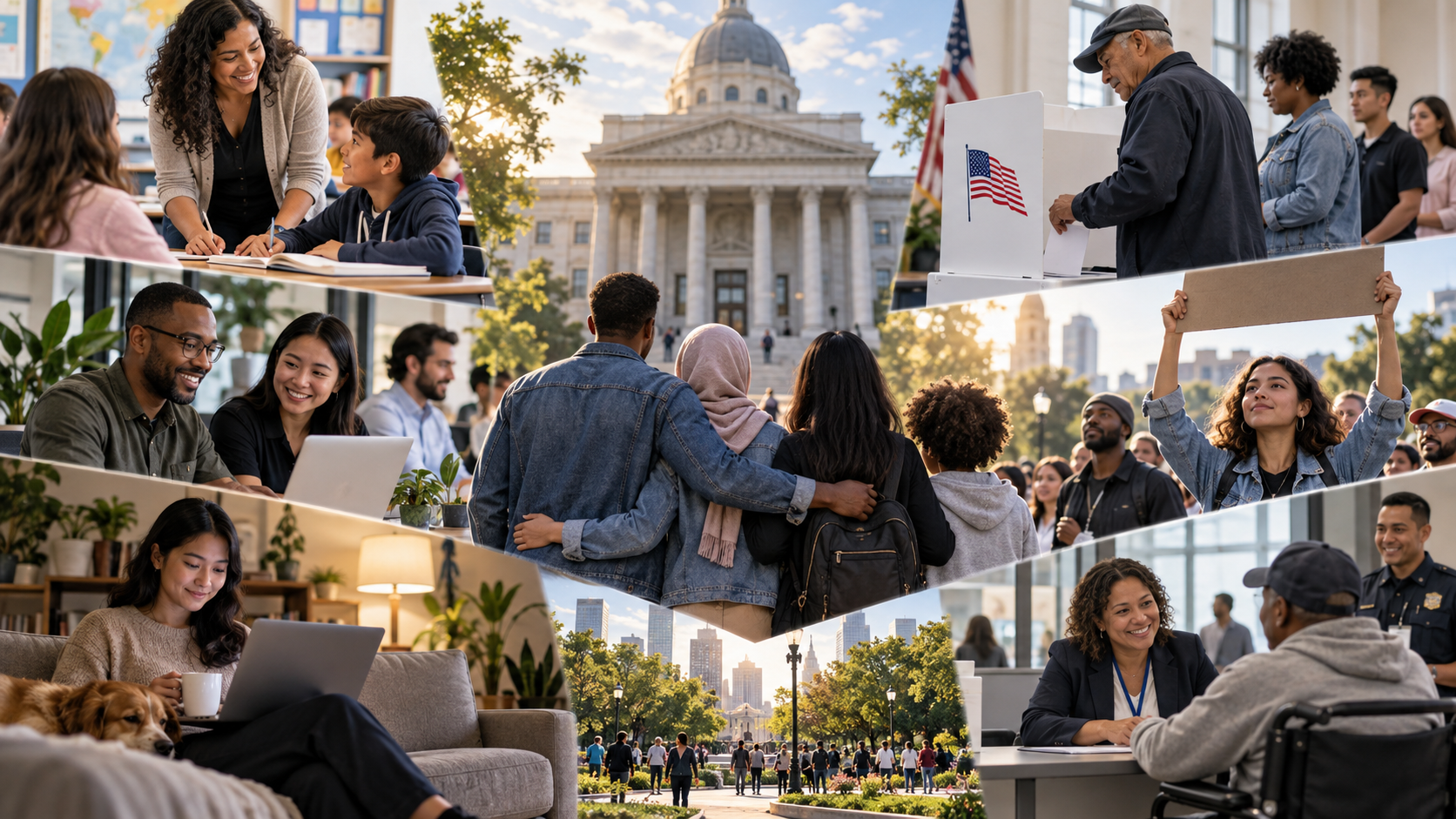 Everyday life scenes showing civil rights and liberties in schools, workplaces, voting, expression, privacy, and public services