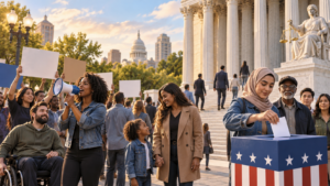Civic illustration of civil rights and civil liberties through voting, assembly, equal treatment, and courthouse protections