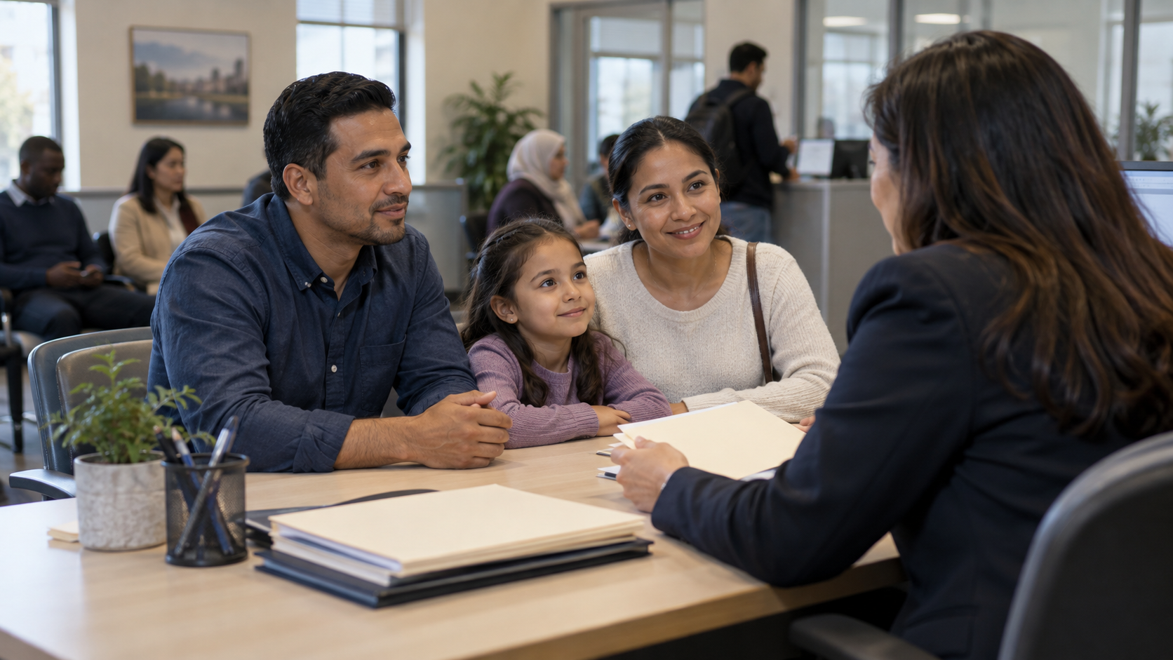 Civic illustration of immigration policy pathways, legal documents, border administration, families, workers, and public institutions