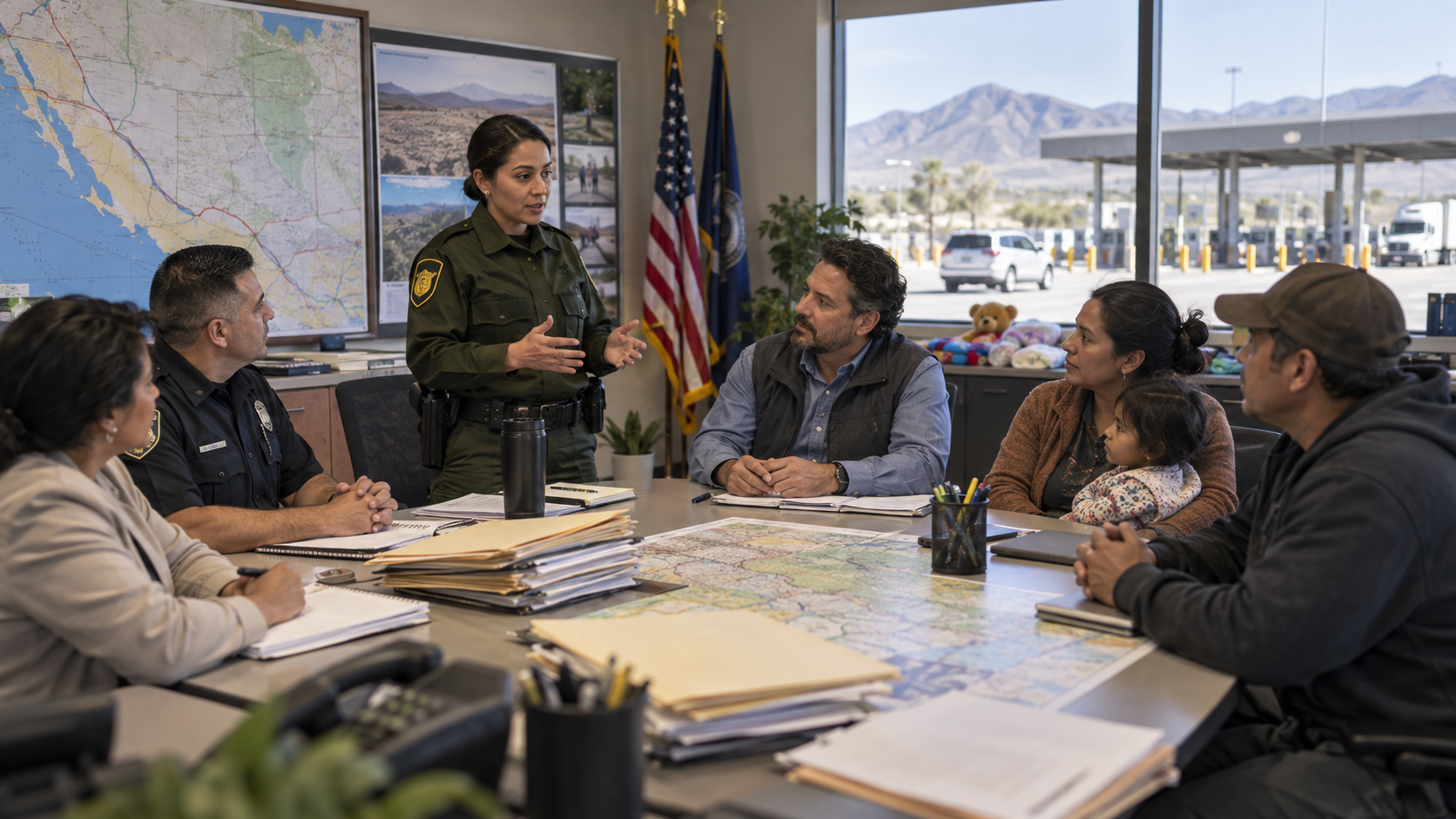Beginner-friendly illustration of immigration and border policy with checkpoints, paperwork, courts, families, and civic agencies