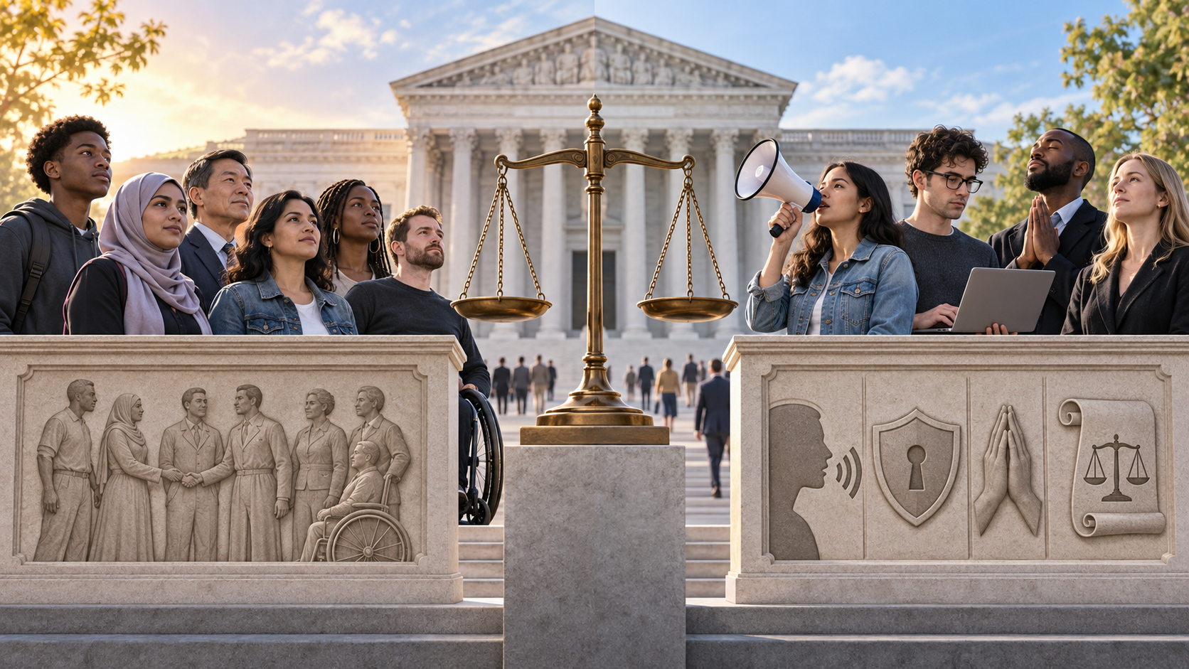 Side by side civic illustration comparing civil rights equal treatment with civil liberties individual freedoms